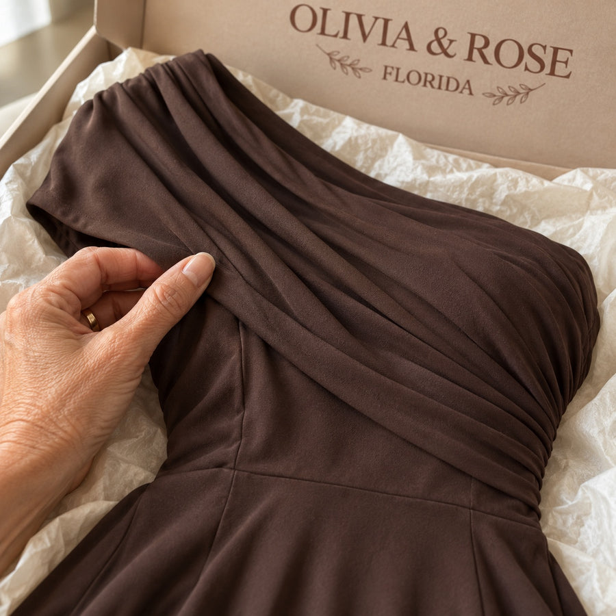 Close-up of the gathered draping of the Amelia dress in its Olivia & Rose box