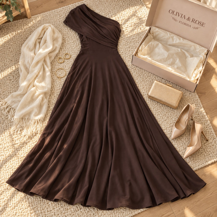 The Amelia dress with gold jewelry, a gold clutch and nude heels