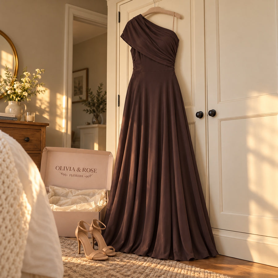The chocolate brown Amelia dress hanging on a wardrobe door