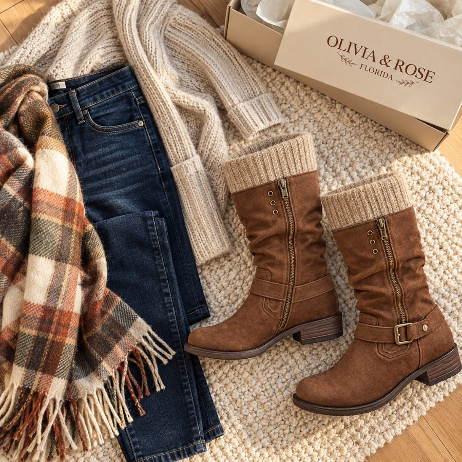 The Bonnie boots with dark jeans, a cream cardigan and a plaid scarf