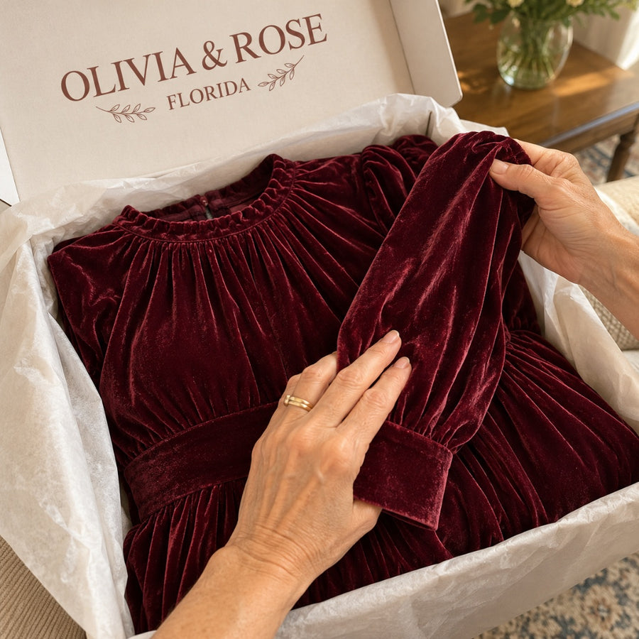 Hands lifting the burgundy Elena out of its Olivia & Rose box, showing the gathered neckline and cuffs