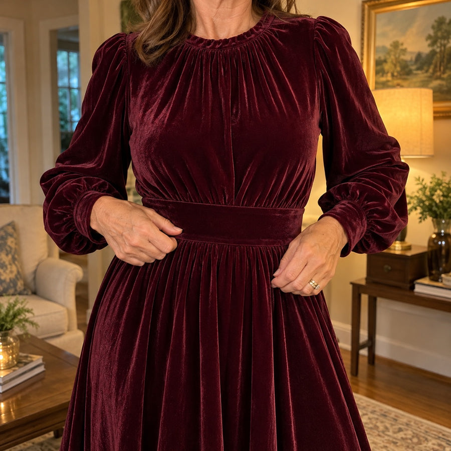 The burgundy Elena showing its defined waist and full skirt