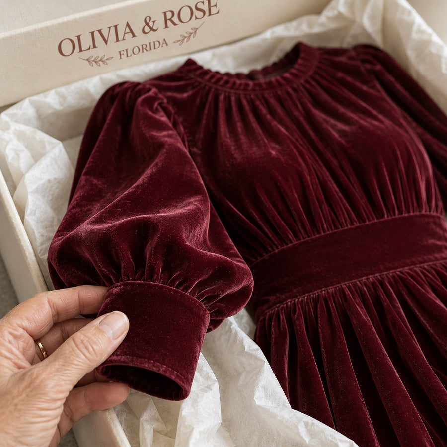 Close-up of the soft burgundy velvet cuff of the Elena in its Olivia & Rose box