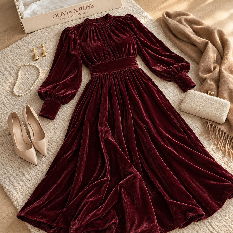 The burgundy Elena laid out with pearls, gold earrings and nude heels