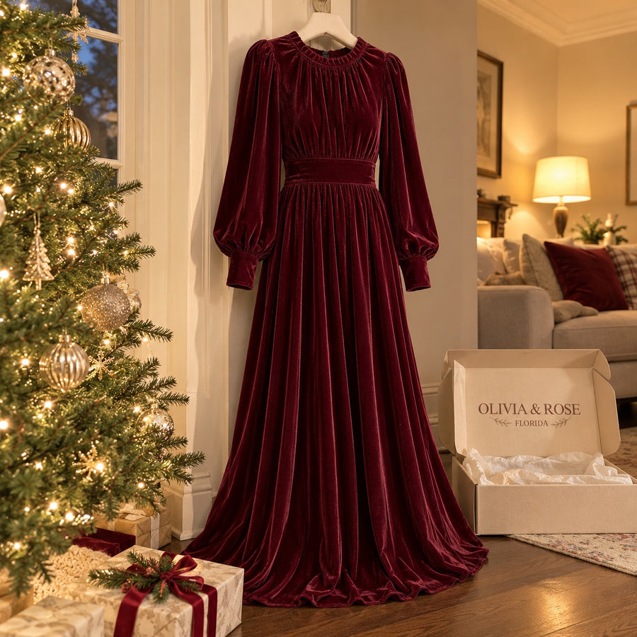 The burgundy Elena hanging beside the Christmas tree, showing its waistband and full skirt