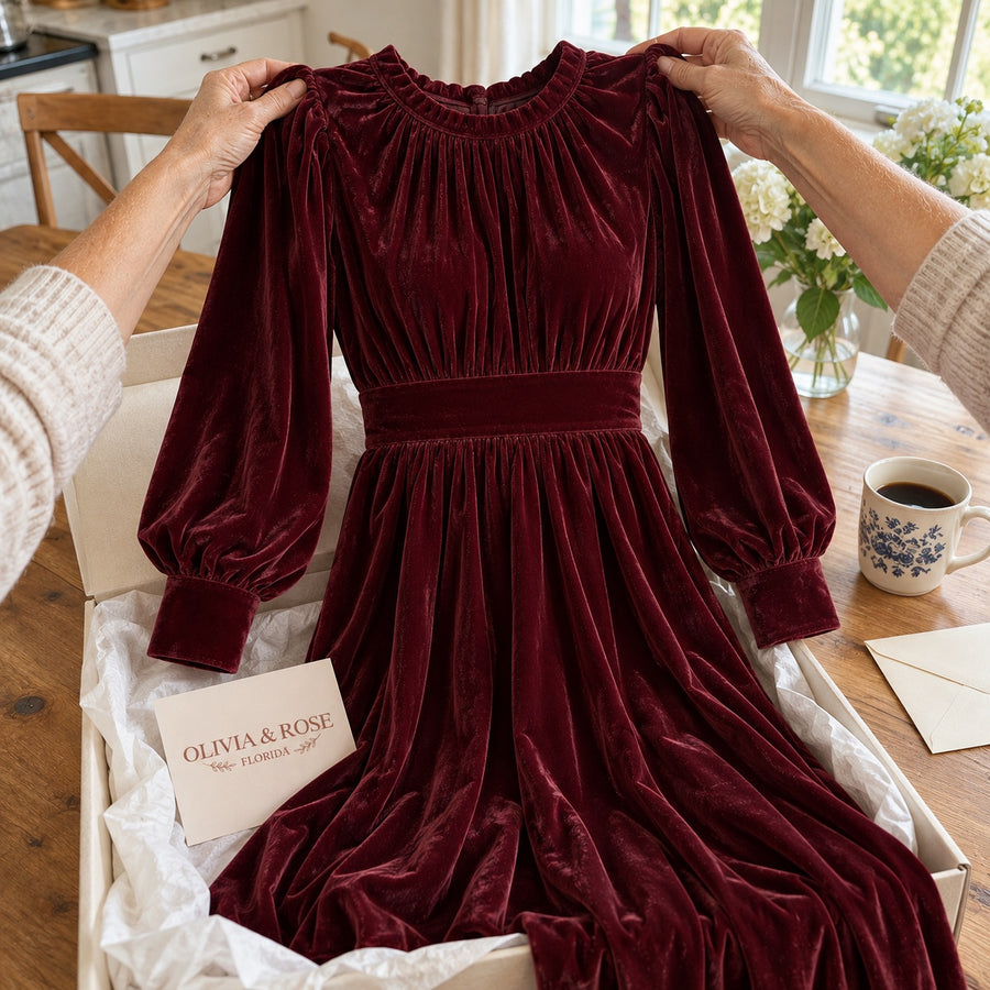 Unboxing the burgundy Elena at the kitchen table, showing the gathered neckline and cuffs