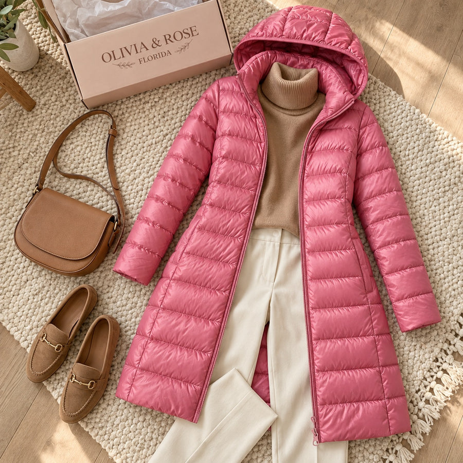 The pink Feathra coat with a camel turtleneck, cream trousers and a tan bag