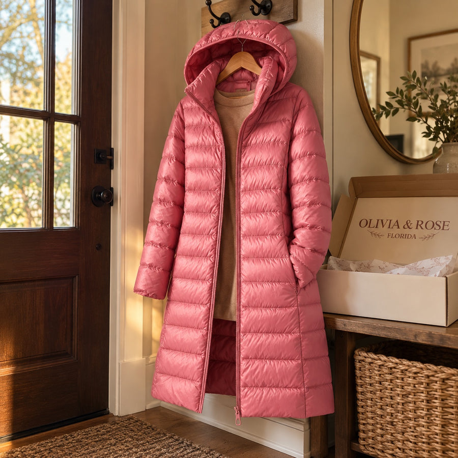 The pink Feathra coat on a hanger by the front door