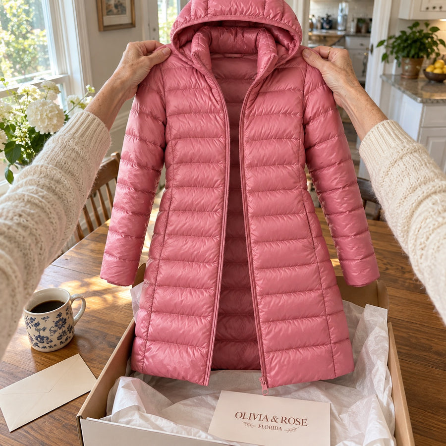 Unboxing the pink Feathra coat at the kitchen table
