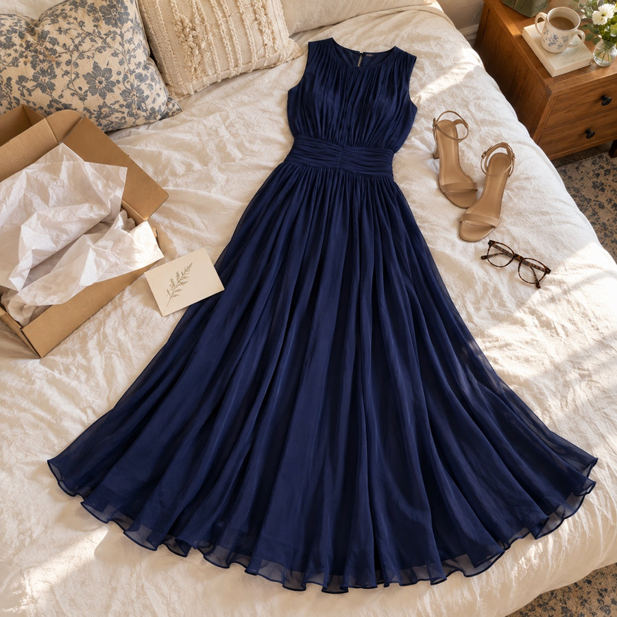 The Iselle laid out on a bed, showing the long, full skirt