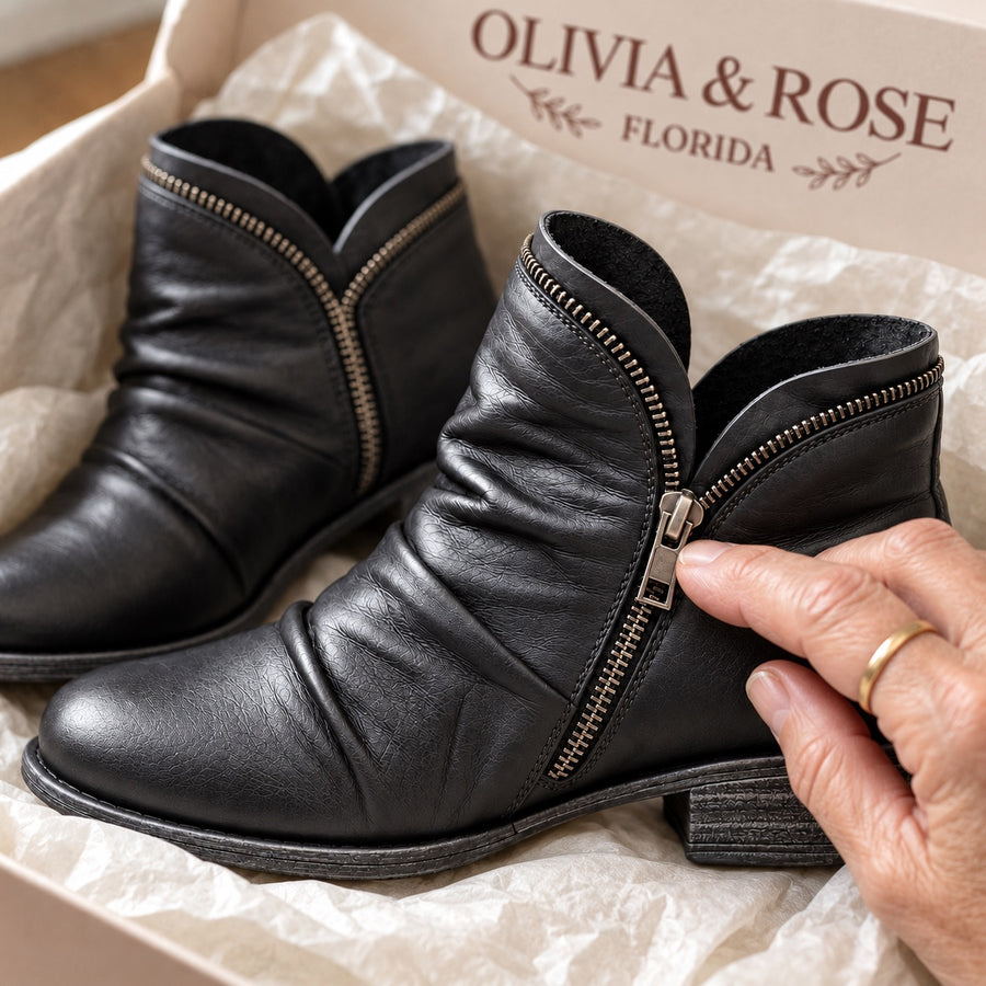 The zipper and ruching of the Melinda ankle boots in their Olivia & Rose box