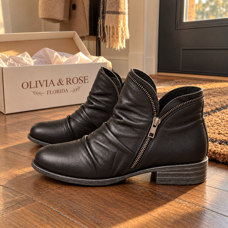 The Melinda ankle boots by the front door, showing the low stacked heel