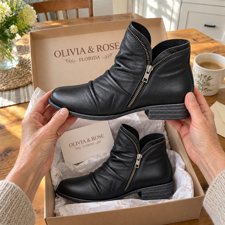 Unboxing the Melinda ankle boots at the kitchen table