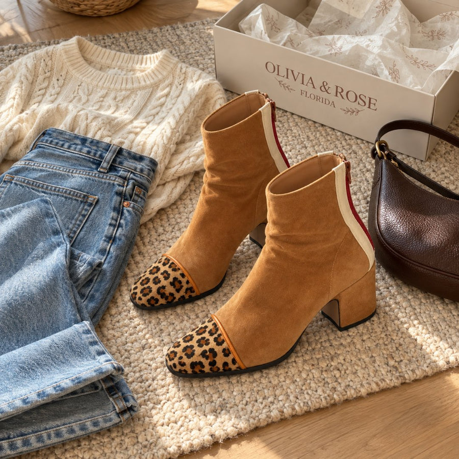 The Melvarienne ankle boots with jeans, a cream sweater and a brown bag