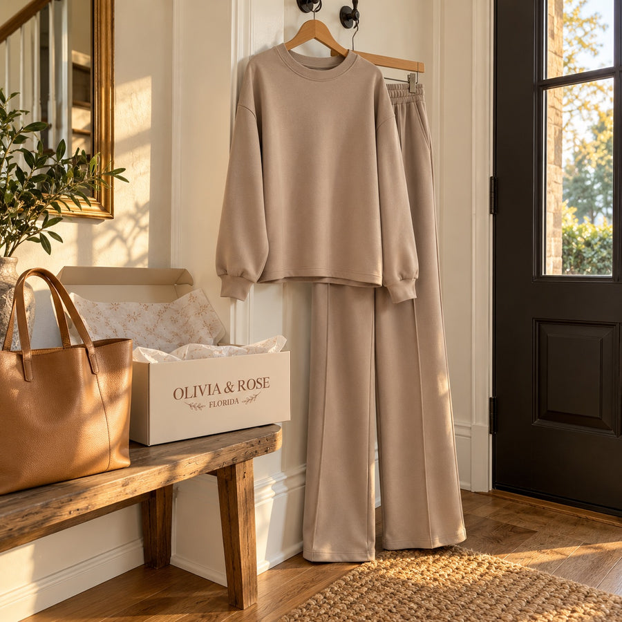 The Noor set hanging by the front door, with the pressed crease down each leg