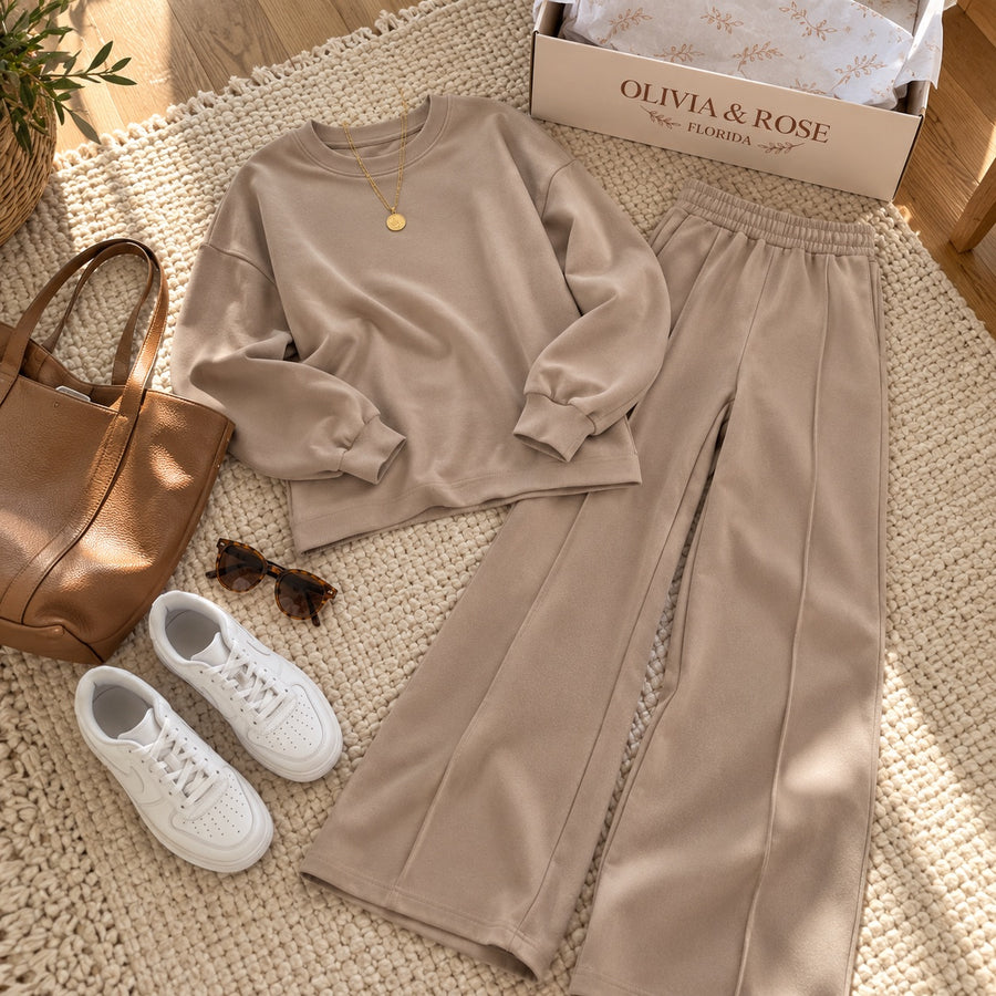The Noor set laid out with white sneakers, a tote bag and sunglasses