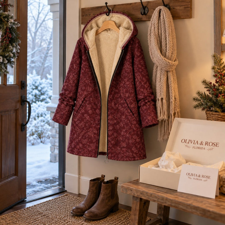 The Rosemary coat hanging by the front door on a snowy morning