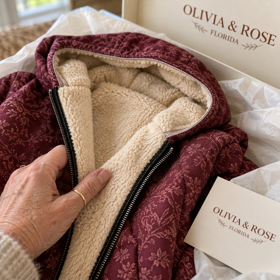 A hand touching the soft fleece lining of the Rosemary coat