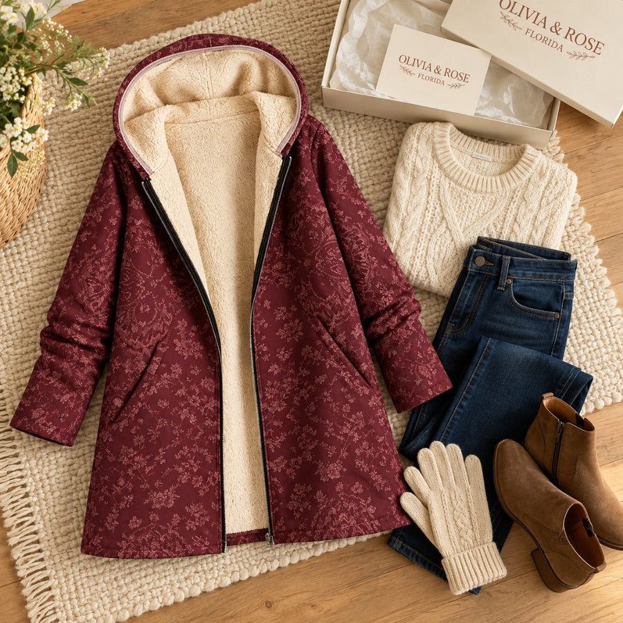 The Rosemary coat with jeans, a cream sweater, gloves and ankle boots