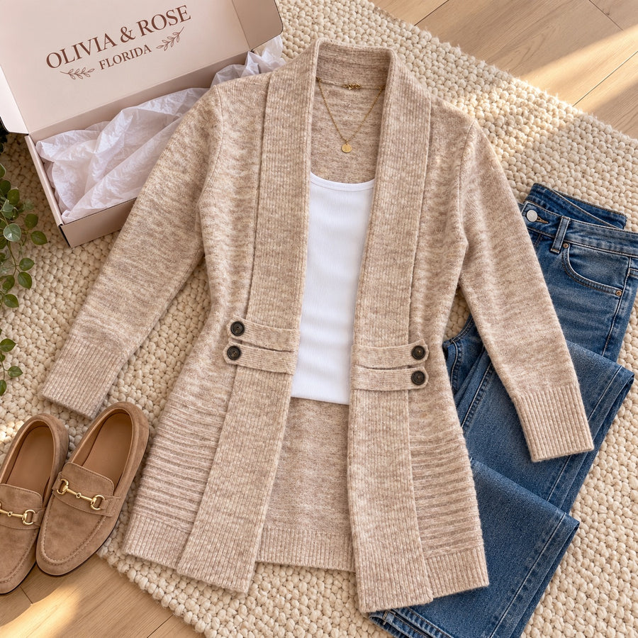 The Sophie cardigan with a white top, jeans, loafers and a gold necklace
