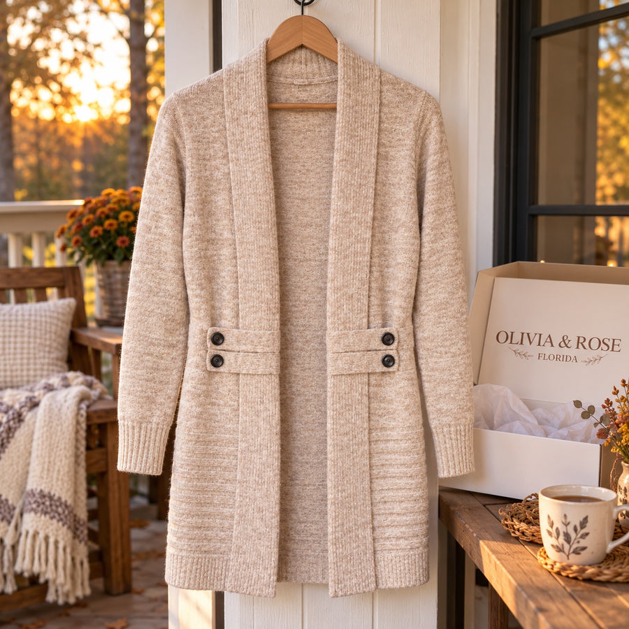 The Sophie cardigan on a hanger on the porch on an autumn evening