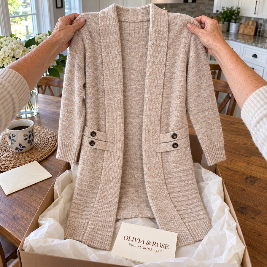 Unboxing the Sophie cardigan at the kitchen table