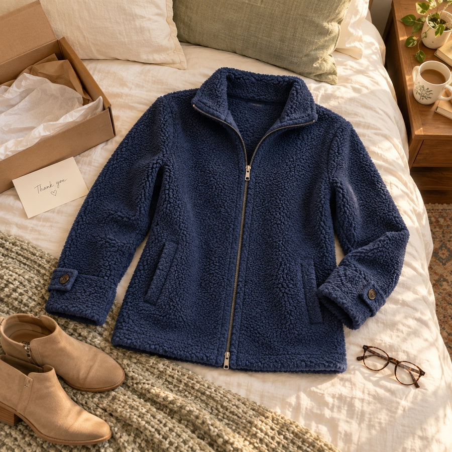 The navy Vanessa jacket laid out on a bed