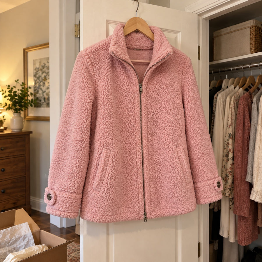 The pink Vanessa jacket on a hanger
