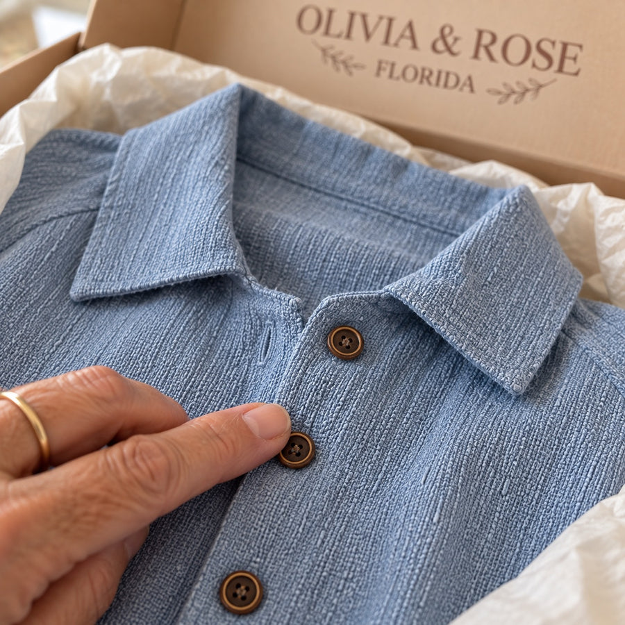 The buttons and collar of the Wilhelmine blouse in its Olivia & Rose box