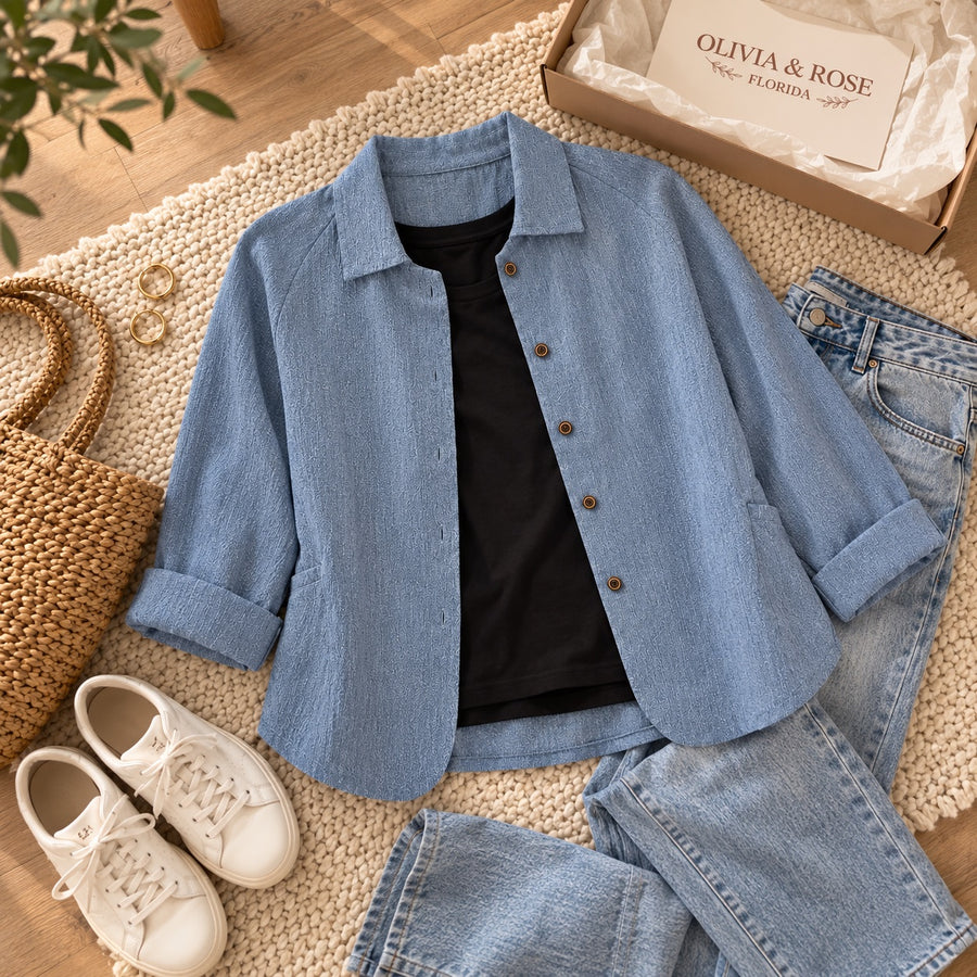 The blue Wilhelmine blouse with a black tee, jeans and white sneakers