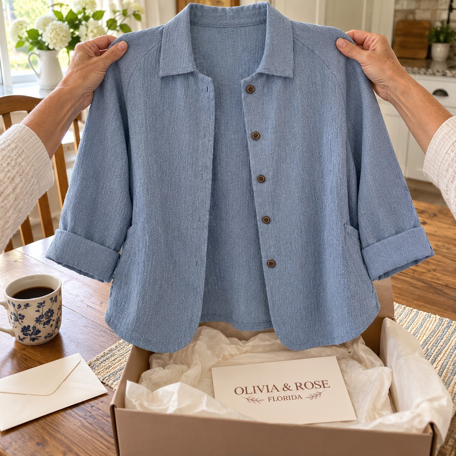 Unboxing the Wilhelmine blouse at the kitchen table
