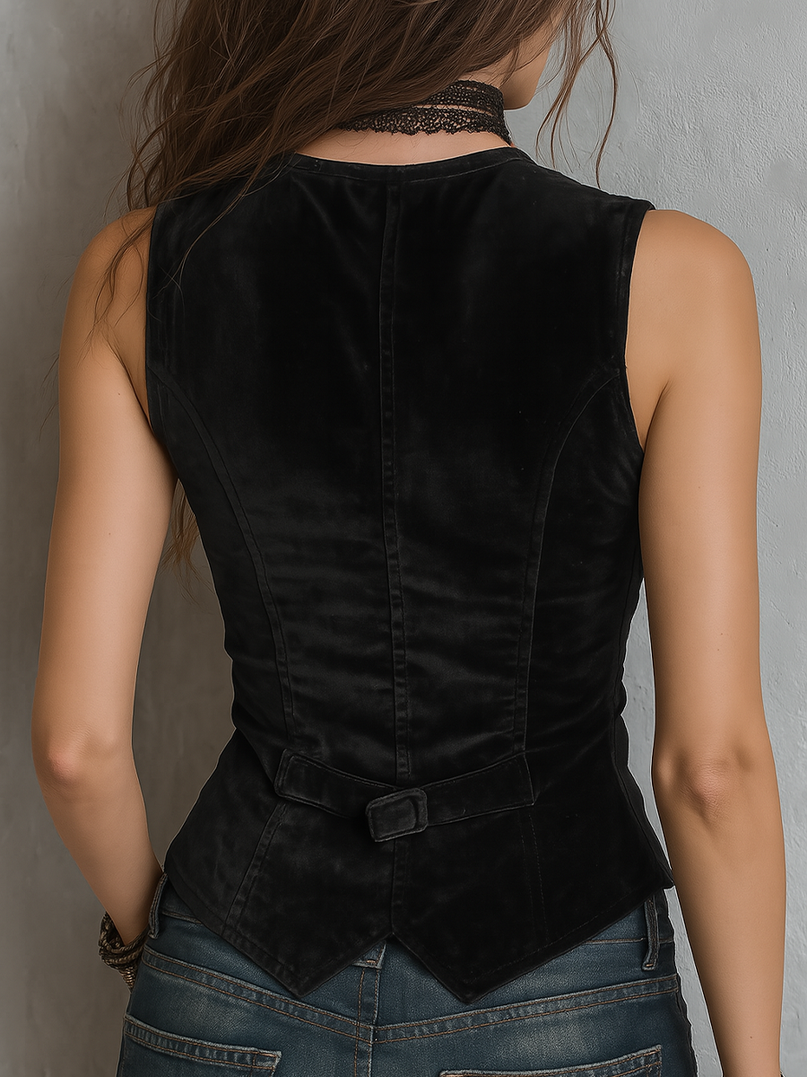 Vintage Round V-Neck Velvet Vest