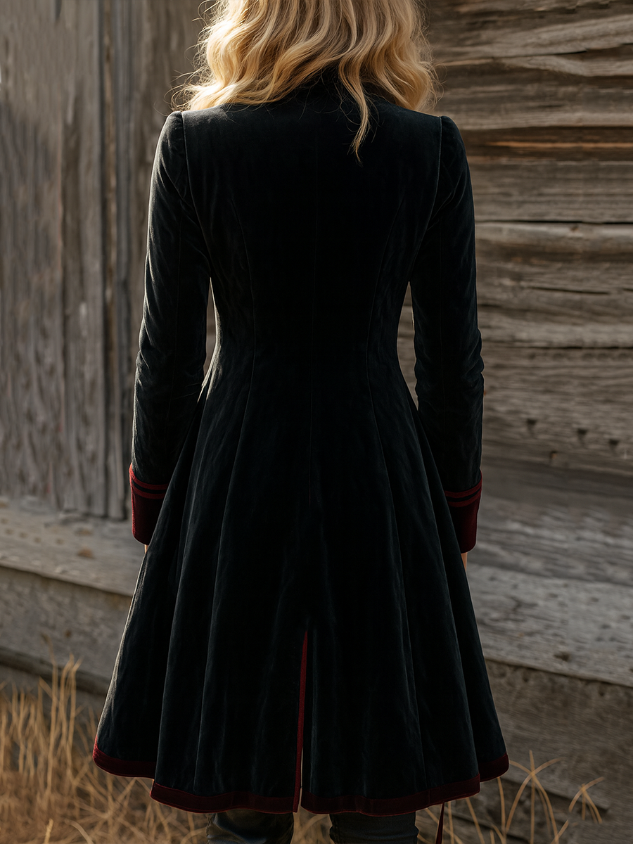 Vintage Contrast Trim Velvet Long Jacket