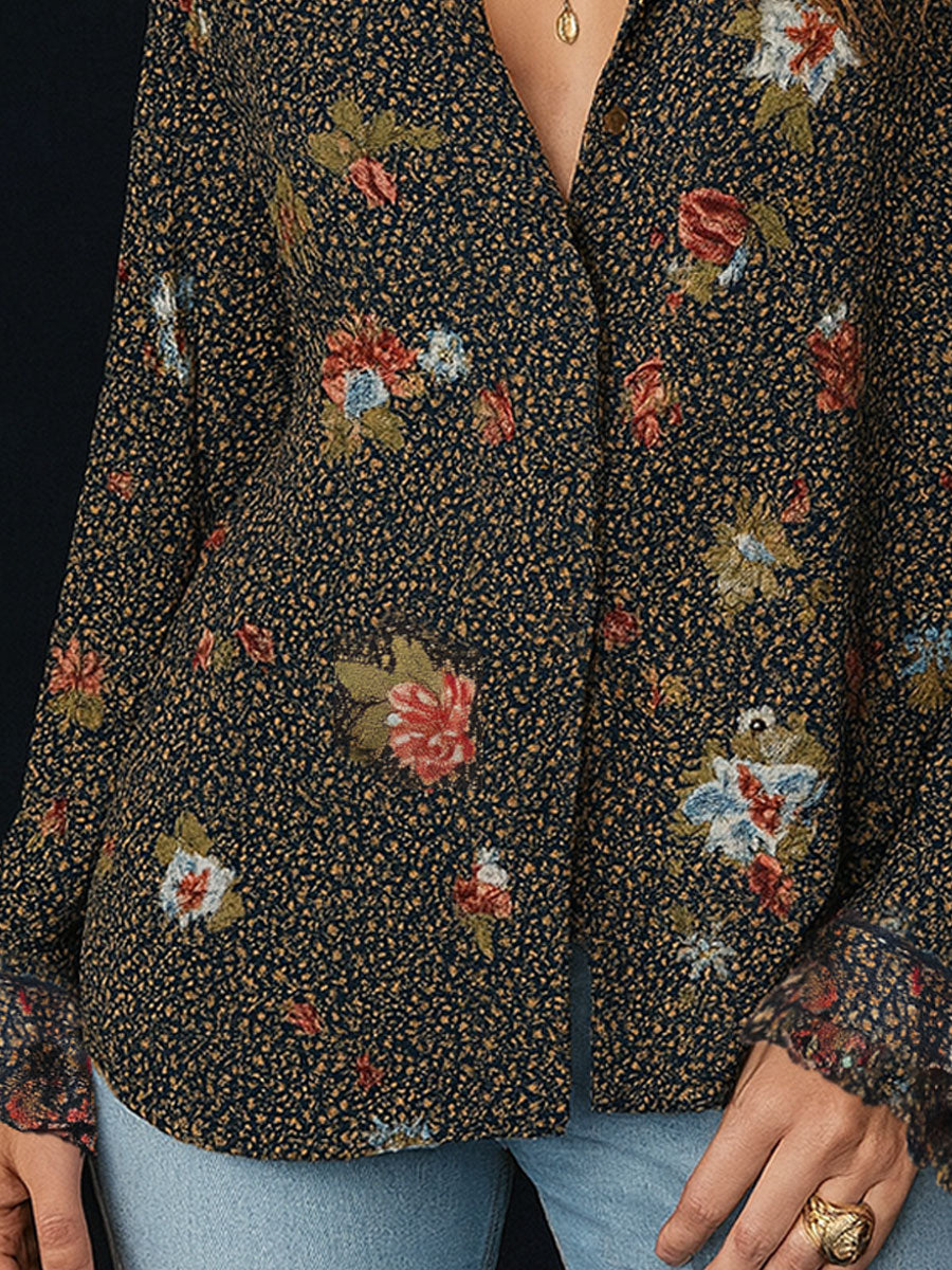 Retro Floral Print Curved Hem Ruffled Sleeves Blouse