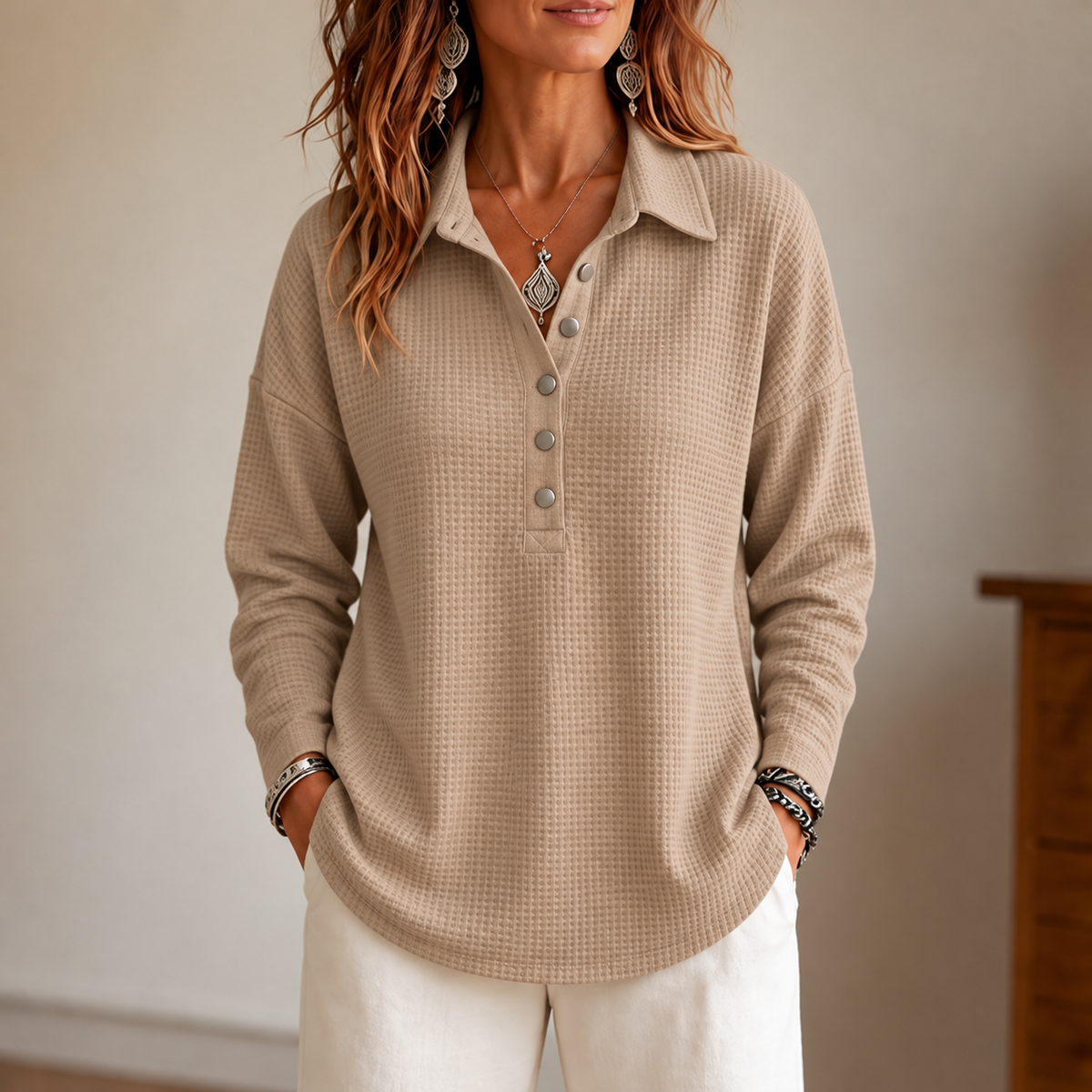 Wearbella – Waffle-Knit Collared Button-Neck Pullover