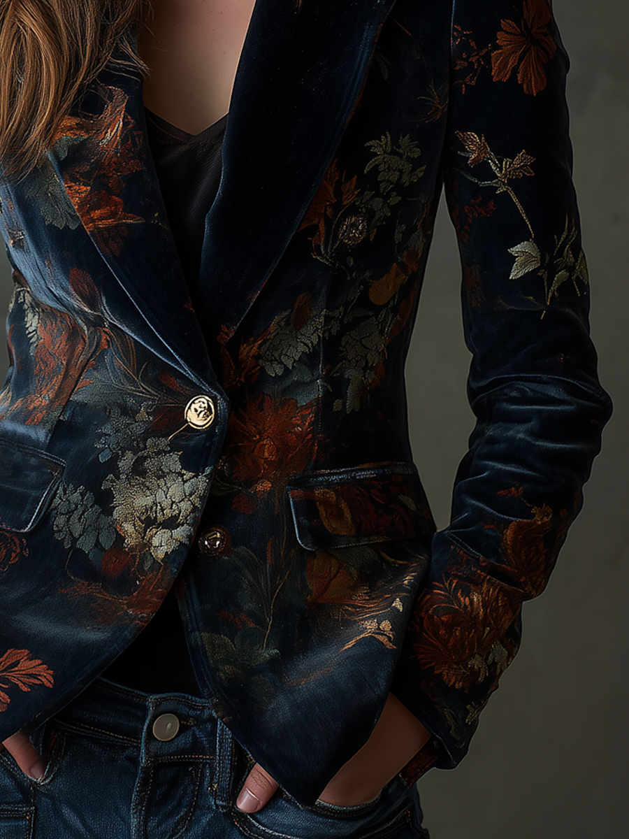 Vintage Floral Print Metal Button Polyester Velvet Blazer