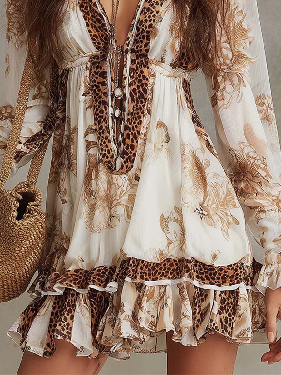 Bohemia Mixed-Print Ruffle Hem Mini Dress