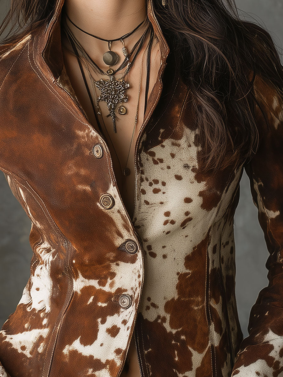 Vintage Stand Collar Suede Cow Print Slim Jacket