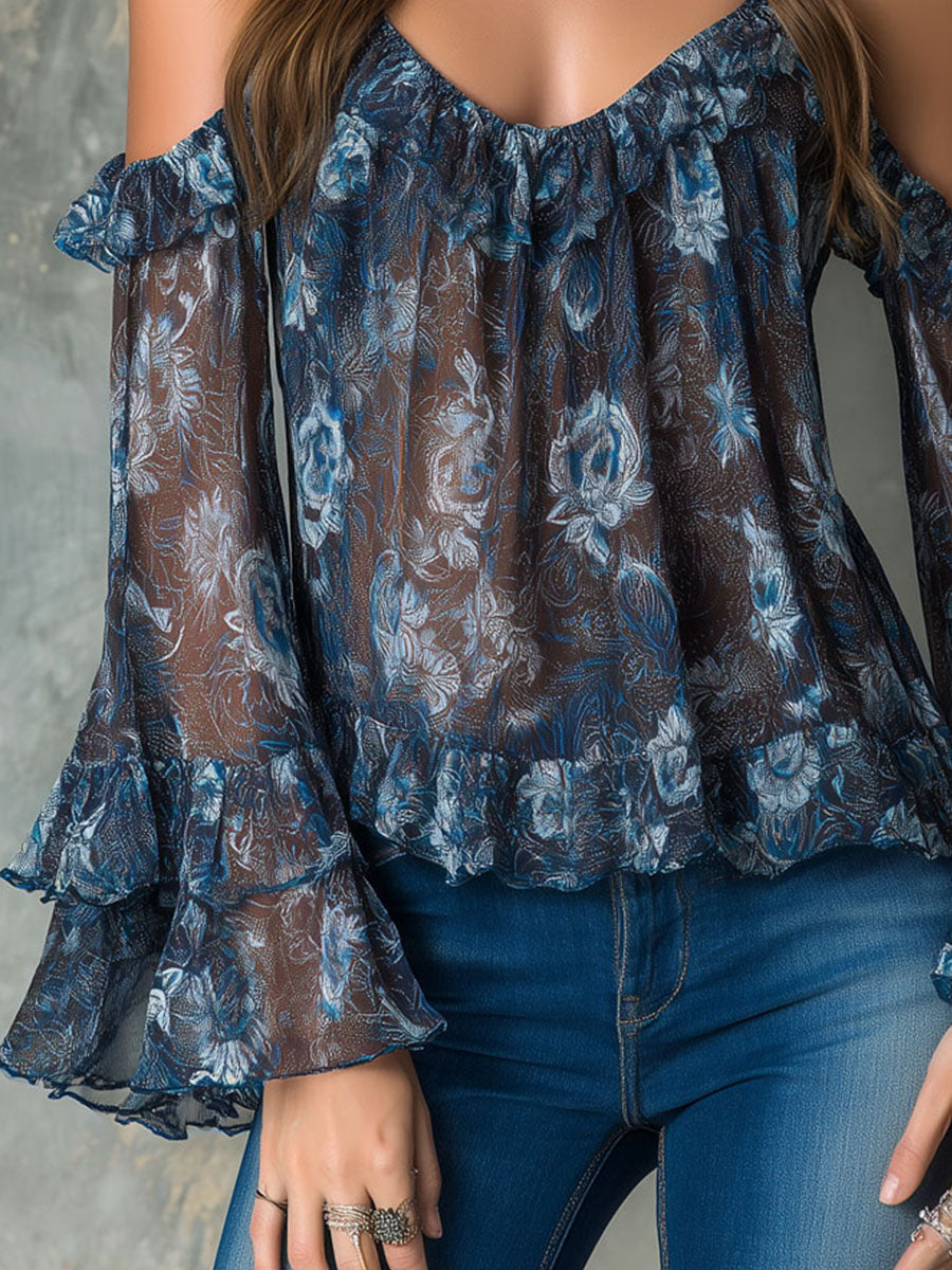Boho Midnight Blue Ruffled Sheer Floral Off-Shoulder Blouse