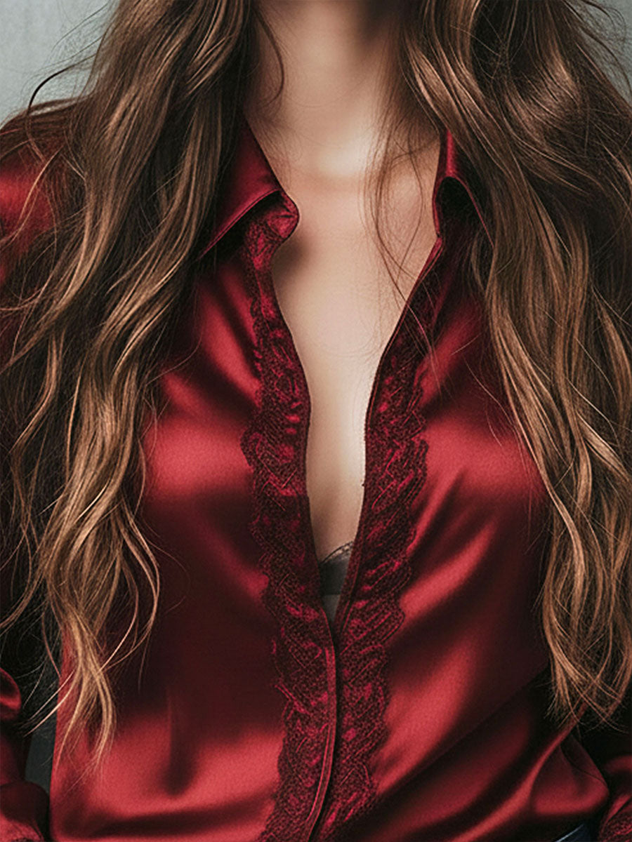 Elegant Burgundy Lace Trim Satin Blouse With Flared Cuffs