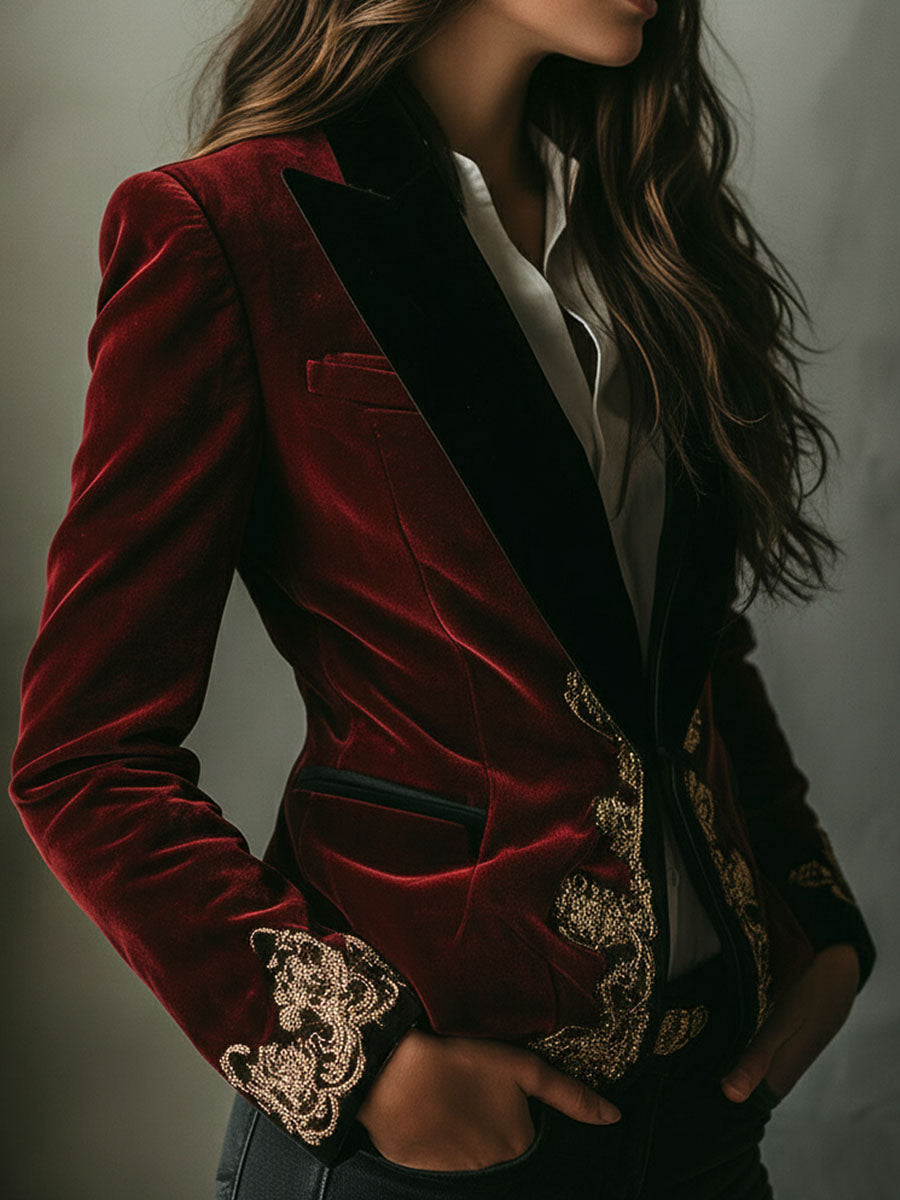 Elegant Black Collar Gold Luxury Embroidered Velvet Blazer