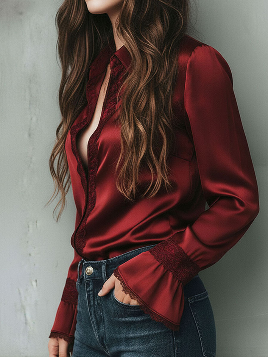 Elegant Burgundy Lace Trim Satin Blouse With Flared Cuffs
