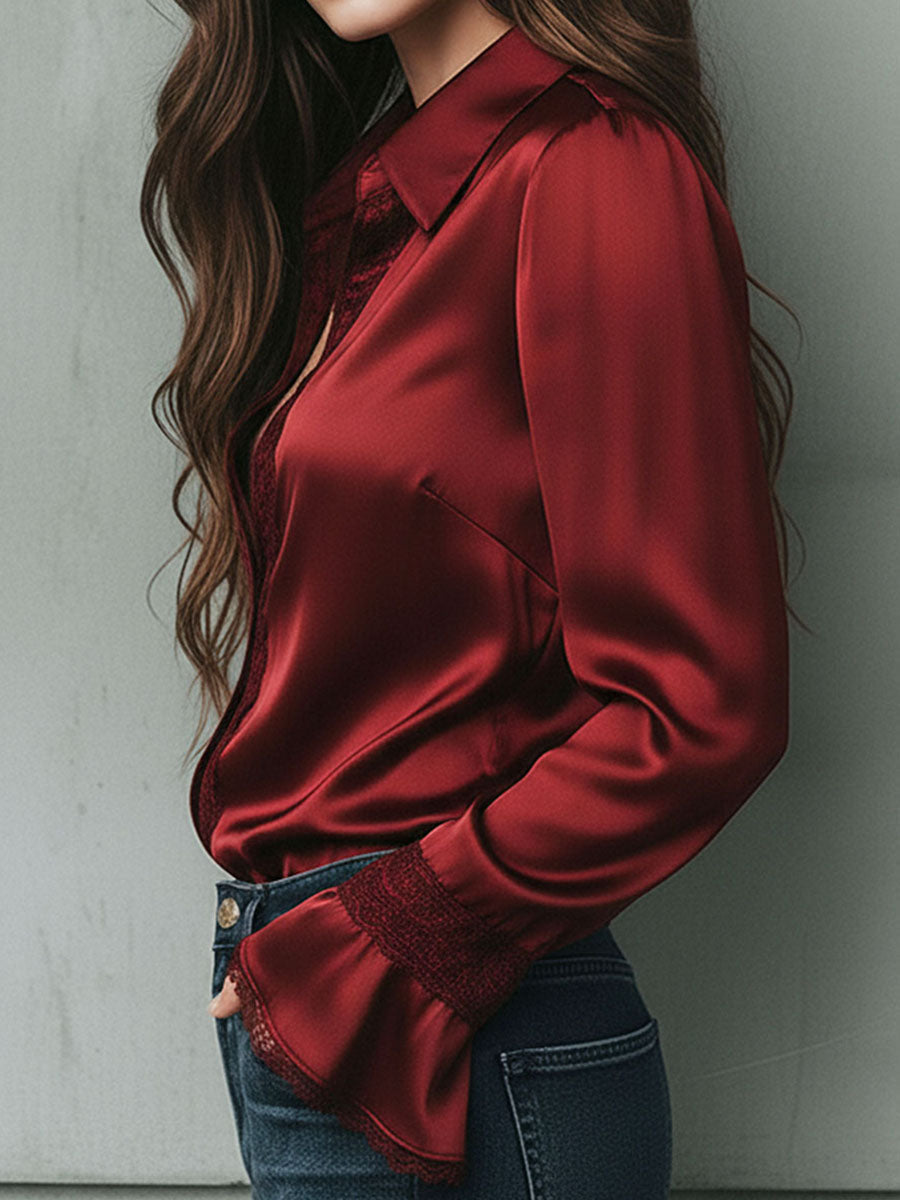 Elegant Burgundy Lace Trim Satin Blouse With Flared Cuffs