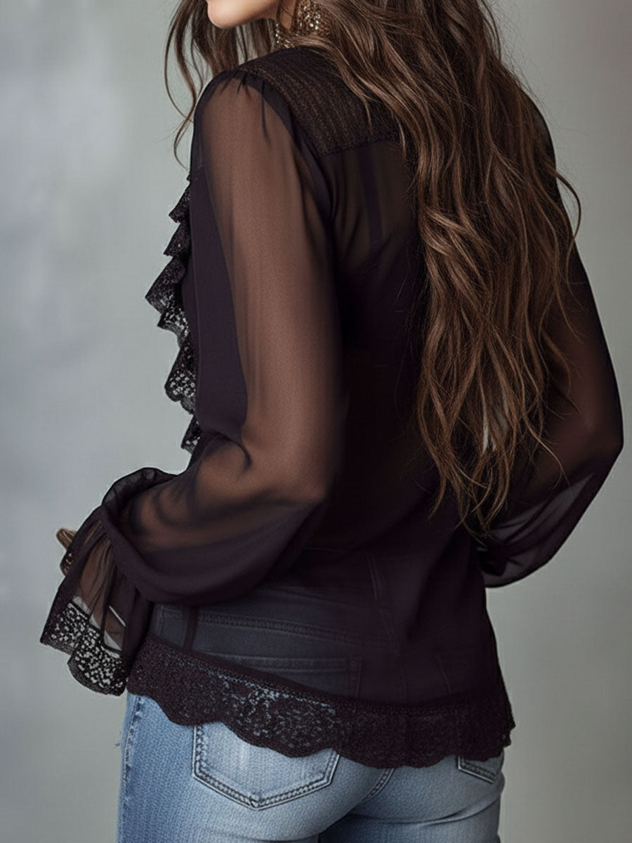 Retro Romantic Black Lace Trim Sheer Chiffon Ruffle Blouse