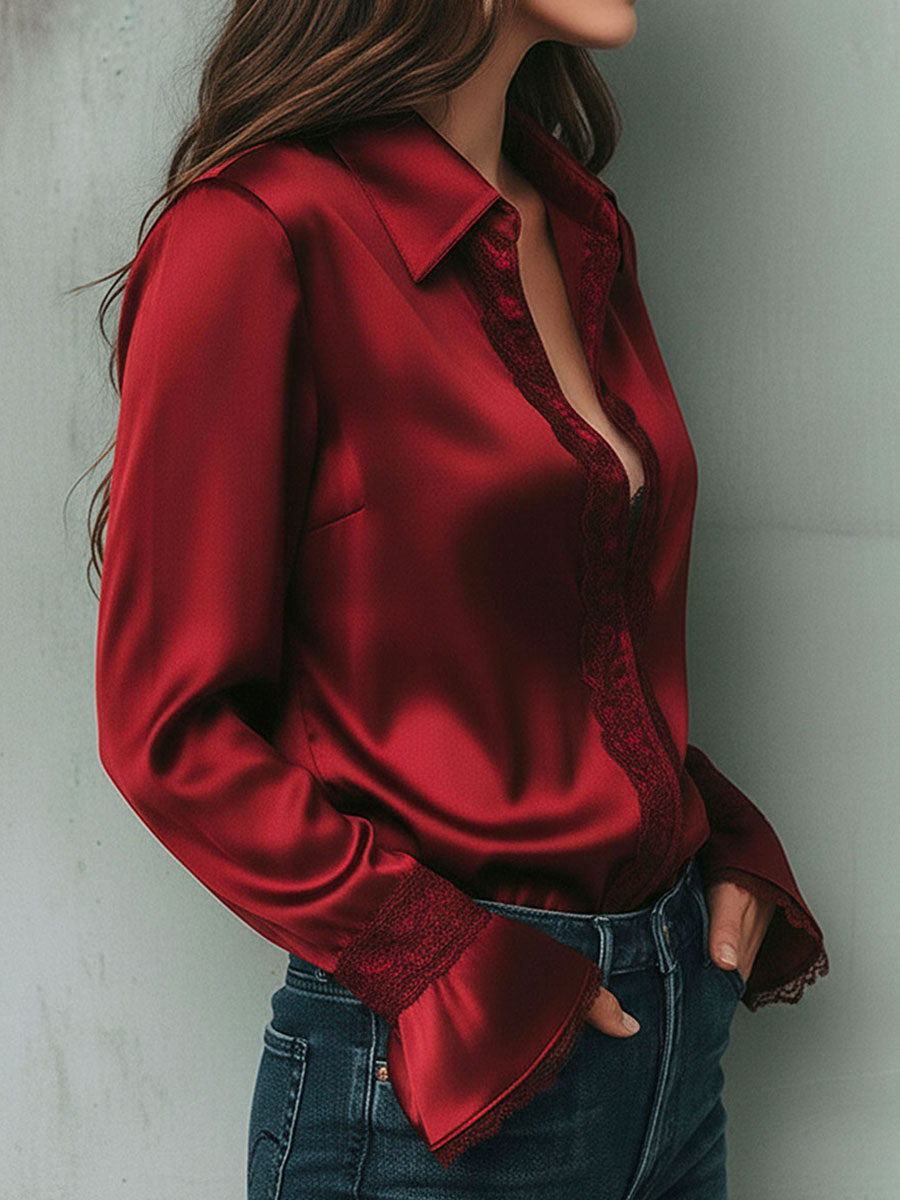 Elegant Burgundy Lace Trim Satin Blouse With Flared Cuffs