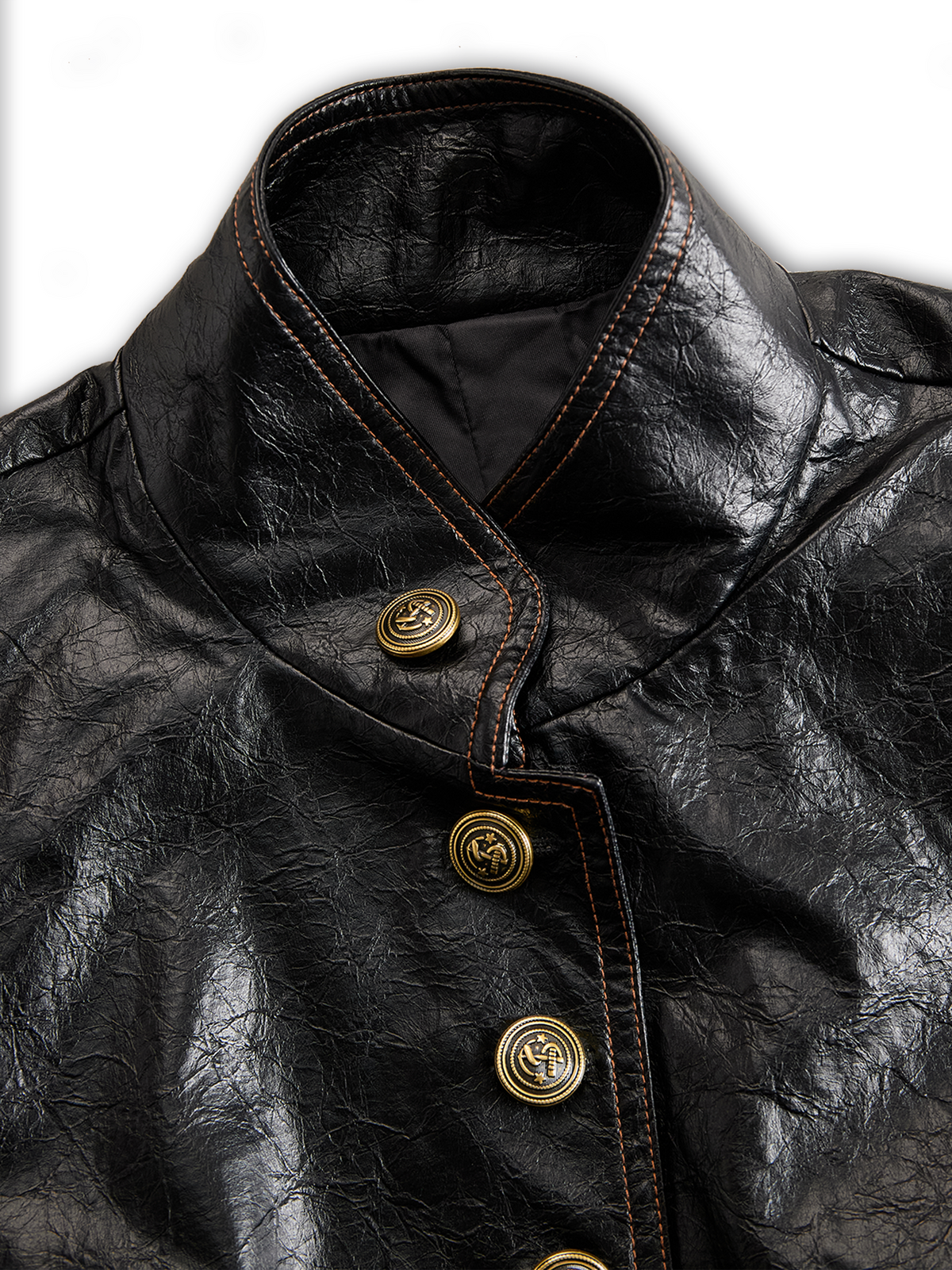 Retro Stand Collar Metal Button Pu Jacket