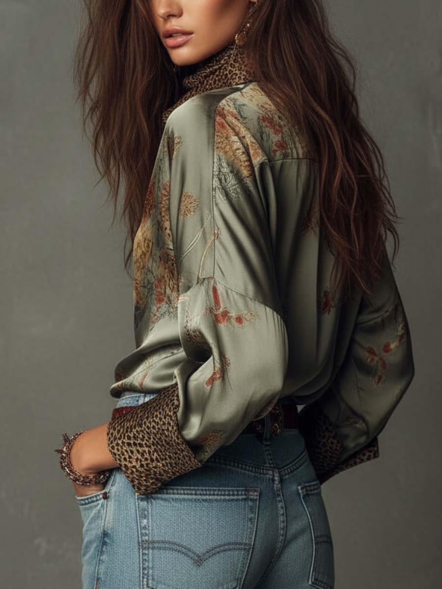 Satin Floral Button-Down Shirt With Leopard Trim