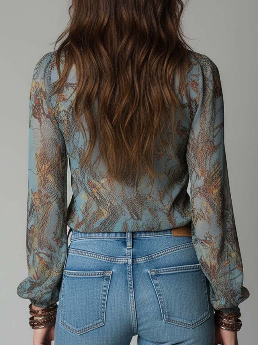 Printed Ruffled Zip-Front Chiffon Blouse – Mist Blue Snake Floral