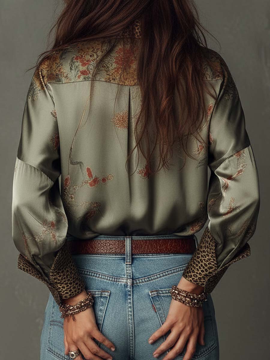 Satin Floral Button-Down Shirt With Leopard Trim