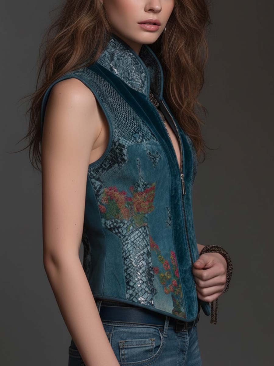 Deep Teal Velvet Zip-Front Vest Top